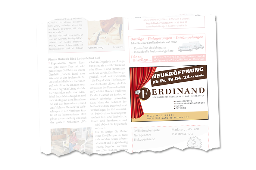 Anzeigenwerbung für das Restaurant Ferdinand auf der Waldau