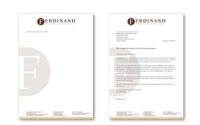 Briefbogen für das Restaurant Ferdinand auf der Waldau