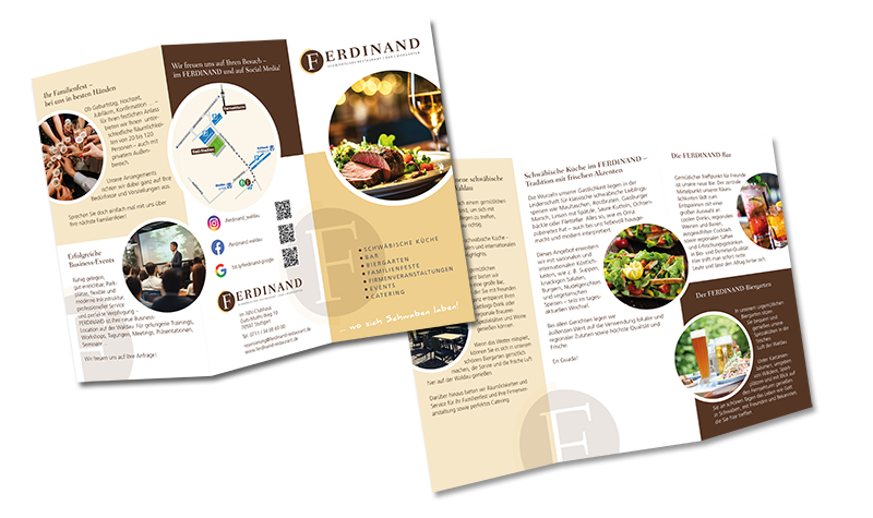 Entwicklung eines Flyer / Imageflyer für das Restaurant Ferdinand auf der Waldau