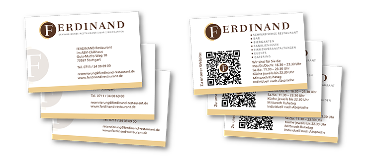 Visitenkarten für das Restaurant Ferdinand auf der Waldau